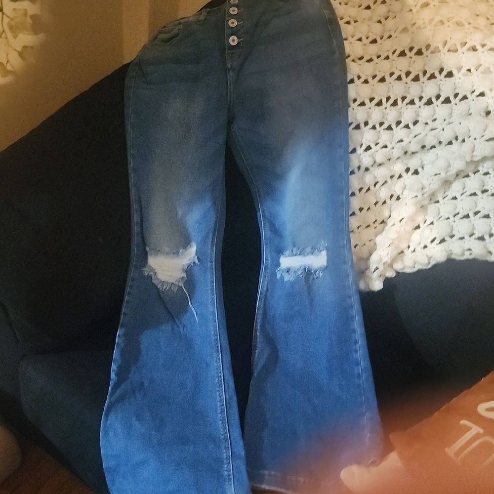 KanCan Flare Distressed Jeans in Blue